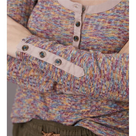 Anthropologie Top Women's Size Small Puff Sleeve Knit Henley‎ Top Space Dyed - Picture 3 of 8